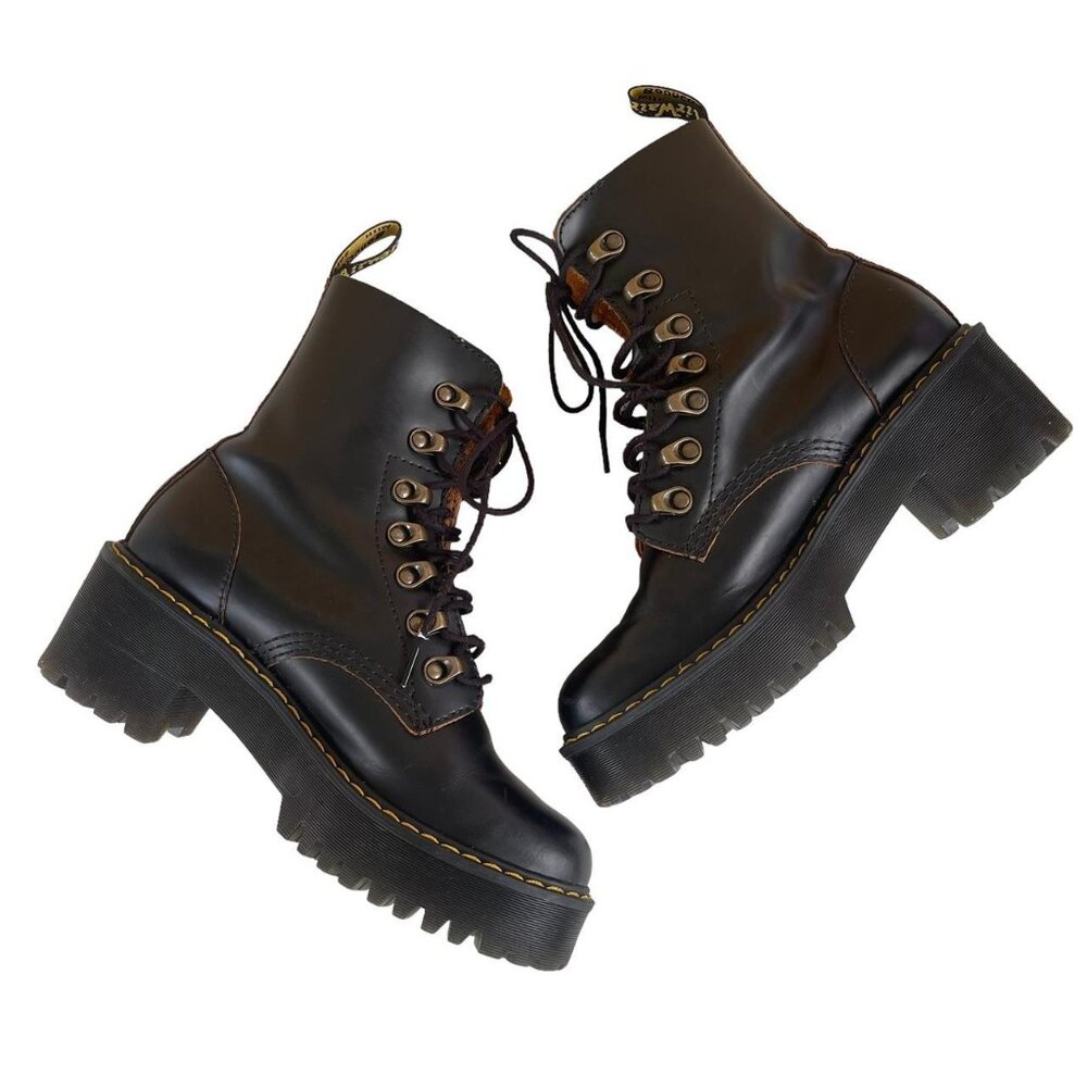 SOLD ✨ Dr. Martens Leona Black Leather Platform Combat Boots Women’s 6 - Picture 4 of 8